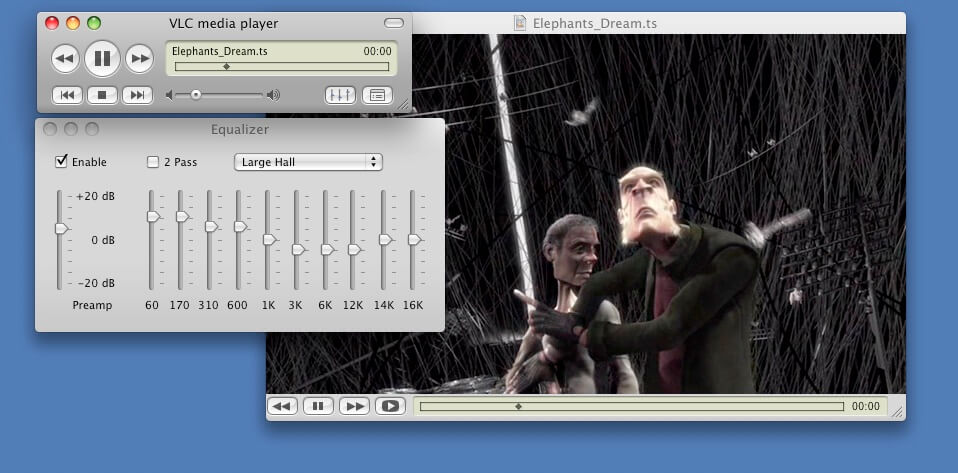 VLC playing Elephants Dream animation on macOS with equalizer overlay visible